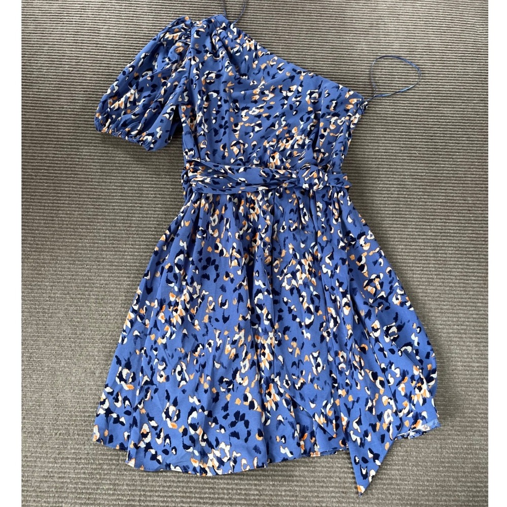 Nine West Womens Blue Leopard One Shoulder Tie‎ Waist Mini Dress Size S